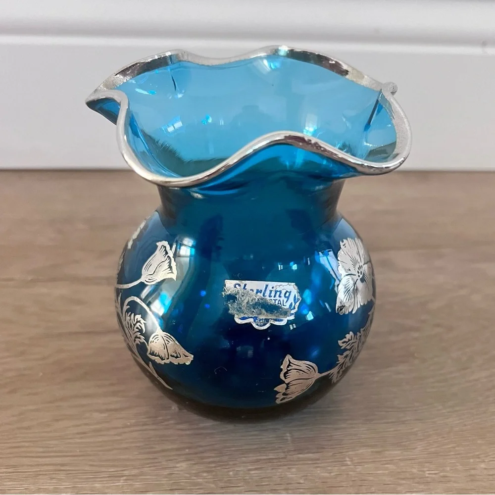 Vintage Hand Blown Silver City Glass - Sterling Silver Overlay‎ Blue Vase - RARE